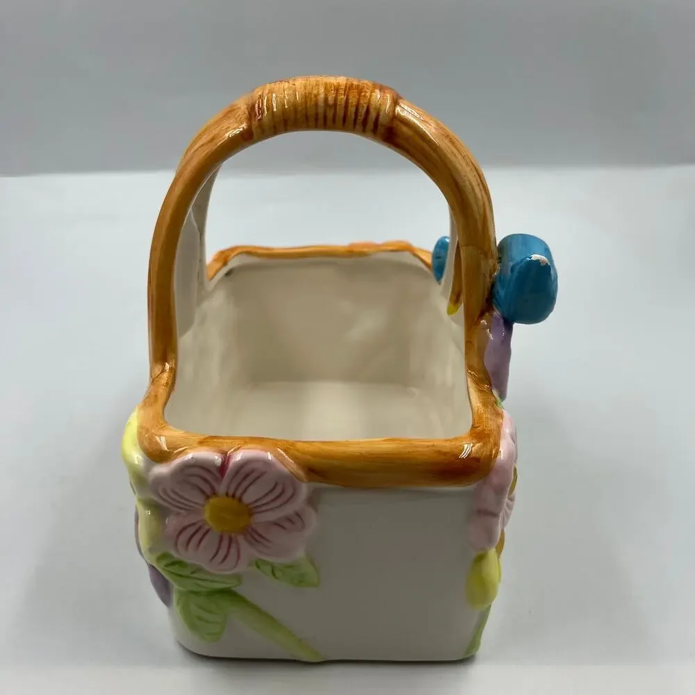 Vintage Glazed Ceramic Decorative Florist Basket Floral Blue Bird Pair